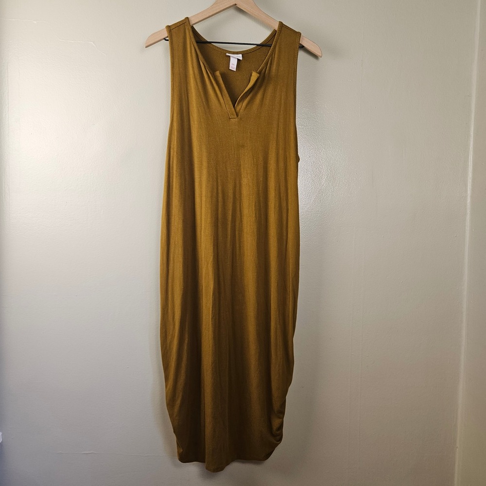 Isabel Maternity Ruched Bodycon Ribbed Midi‎ Dress Sz XXL Olive Chartruese Tank